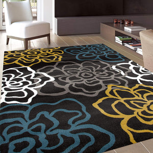Floral Gray/Grey Yellow Blue Area Rug