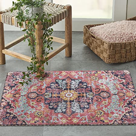 Bohemian Floral Medallion Area Rug - 2x3 Oriental Distressed Small Bath Rug Country Vintage Doormat Faux Wool Non-Slip Washable Low-Pile Carpet for Bathroom Kitchen Laundry Room Decor