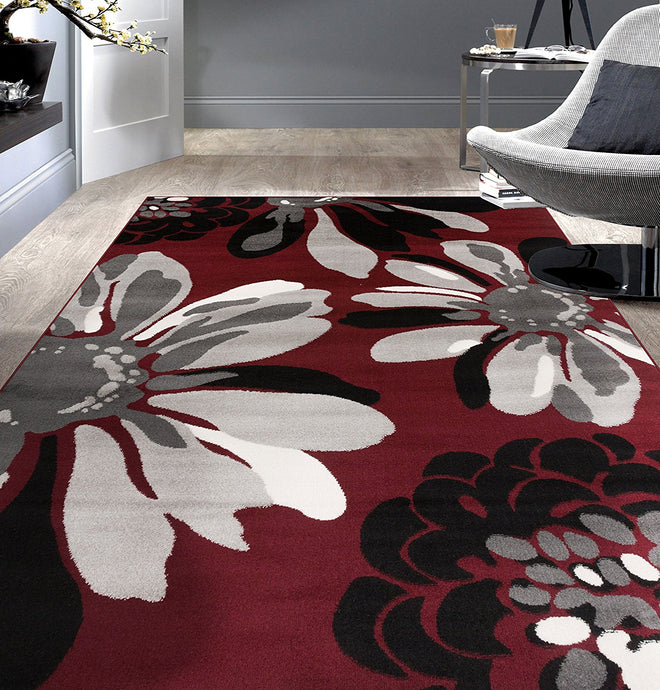 Floral Red Gray Black Area Rug
