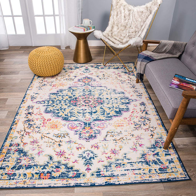 Vintage Medallion Floral Ivory Dark Blue Soft Area Rug