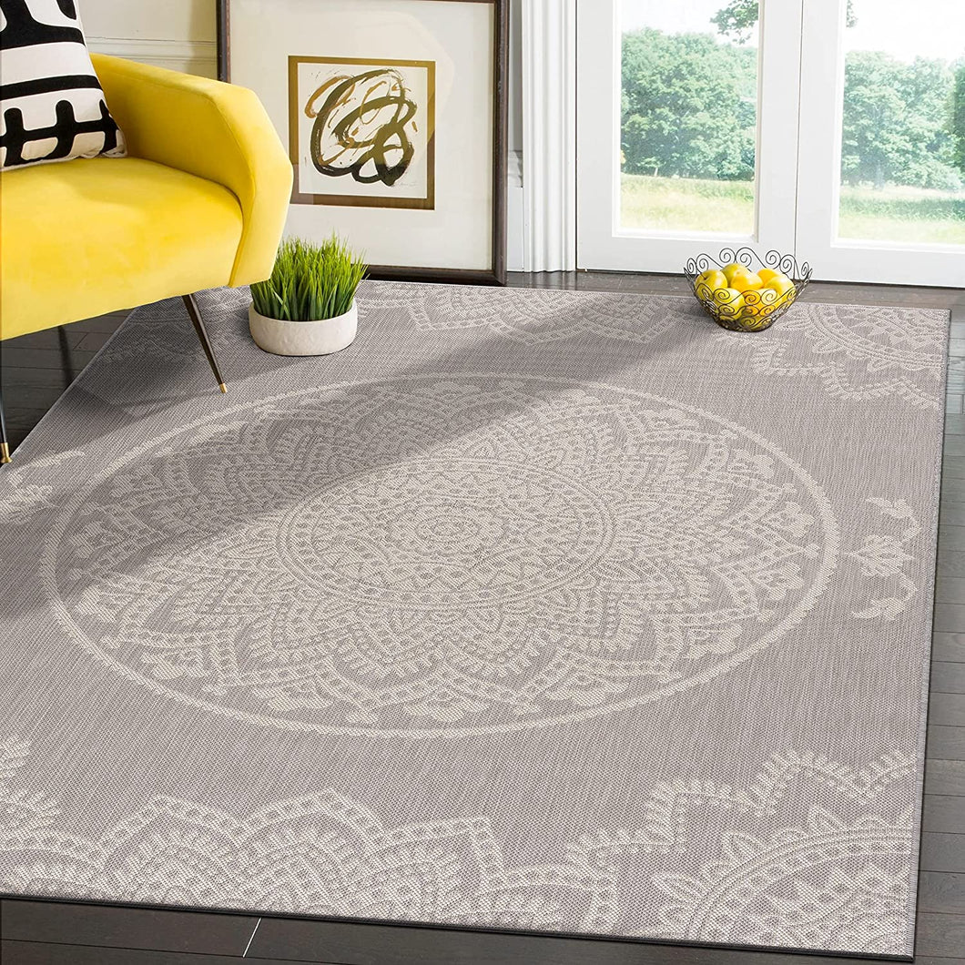 Modern Area Rugs for Indoor Outdoor Medallion - Grey / White