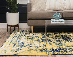 Vintage Distressed Navy Blue Yellow Area Rugs