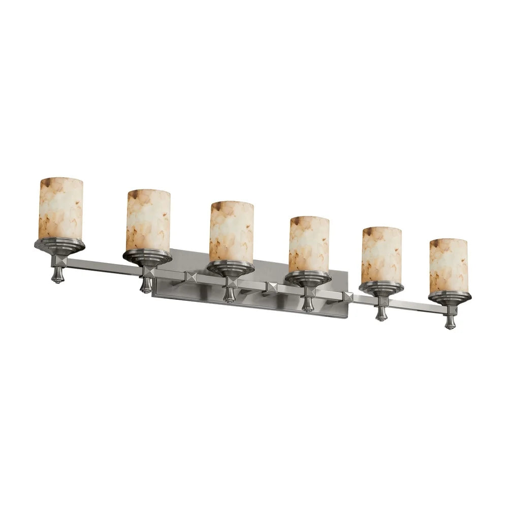 Justice Design Alabaster Rocks!? Deco 6-Light Brushed Nickel Bath Bar, Alabaster Rocks Cylinder w/ Flat Rim Shade