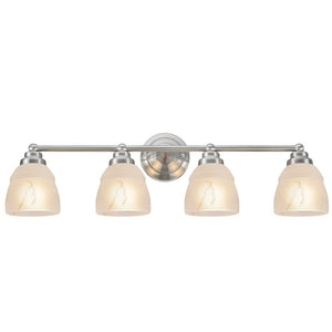 Aspen Creative Four-Light Metal Bathroom Vanity Wall Light Fixture, 30 3/8" Wide Satin Nickel with Faux Alabaster Glass Shade