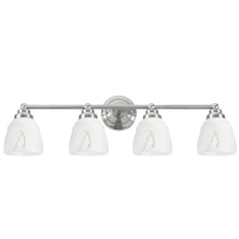 Aspen Creative Four-Light Metal Bathroom Vanity Wall Light Fixture, 30 3/8" Wide Satin Nickel with Faux Alabaster Glass Shade