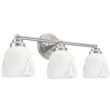 Aspen Creative Three-Light Metal Bathroom Vanity Wall Light Fixture, 22" Wide Satin Nickel with Faux Alabaster Glass Shade