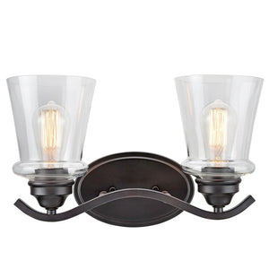 Aspen Creative Two-Light Metal Bathroom Vanity Wall Light Fixture, 15 1/2" Wide, Oil Rubbed Bronze with Clear Glass Shade