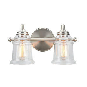 Aspen Creative Two-Light Metal Bathroom Vanity Wall Light Fixture, 15 1/4" Wide, Brushed Nickel with Clear Glass Shade