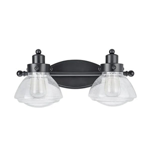 Aspen Creative Two-Light Metal Bathroom Vanity Wall Light Fixture, 17 1/2" Wide, Black with Clear Seedy Glass Shade