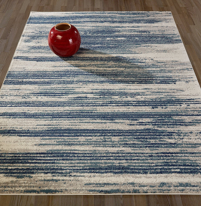 Stripes Design Ivory/Navy/Teal Area Rugs