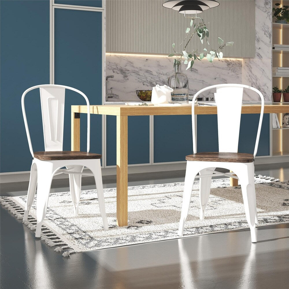 BHG Aidan Stackable Metal Dining Chair with Wood Seat, Silver, Set of 2