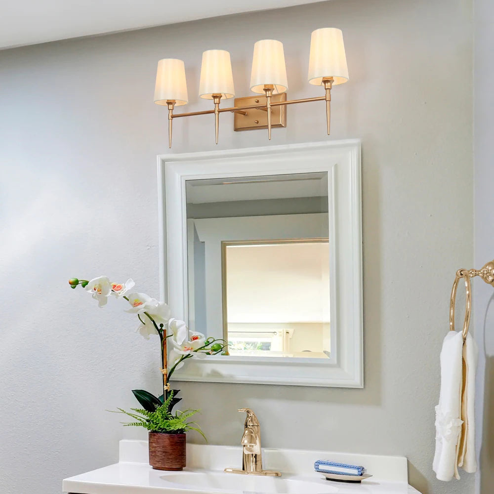 Barr Mid-Century Modern Gold 4-Light Fabric Shade Bathroom Vanity Light - L 29