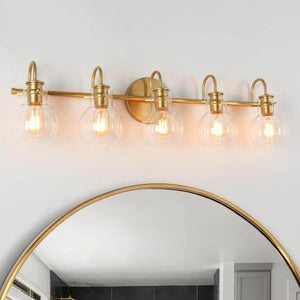 Bela Modern Gold 5-Light Bathroom Vanity Light Orb Glass Wall Sconces - L 35.4"xD7.1"xH 9.1"