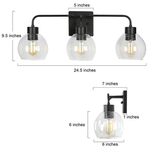 Black 3-Light Modern Bathroom Vanity Lights Glass Linear Wall Sconces - 24.5" L x 6" W x 9.5" H