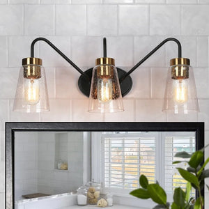 Black Bathroom Vanity Lights 3-Light Modern Vanity Fixture with Seeded Glass - 21.5" L x 6.5" W x 9" H