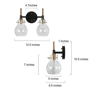 Isha Modern Black Gold 2-Light Bathroom Vanity Light Fixture Glass Wall Sconces - 12.5" L x 6.5" W x 10.5" H