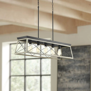 Briarwood Collection Five-Light Galvanized and Bleached Oak Farmhouse Style Linear Island Chandelier Light - White