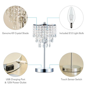 CO-Z 18-Inch Touch Control Crystal Table Lamp with USB Port