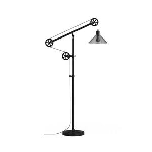 Carbon Loft Tirith Floor Lamp in Blackened Bronze Finish with Pulley System and Ribbed Glass Shade