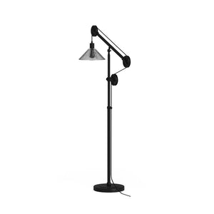 Carbon Loft Tirith Floor Lamp in Blackened Bronze Finish with Pulley System and Ribbed Glass Shade