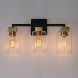 Caylin Modern Farmhouse Black Gold 3-Light Square Bathroom Vanity Light Glass Wall Sconces - L 18" x W 5.5" x H 10"