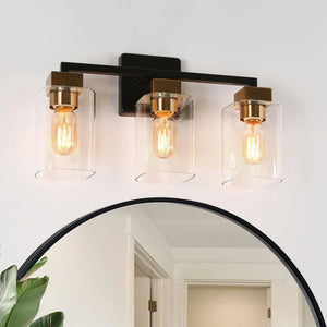 Caylin Modern Farmhouse Black Gold 3-Light Square Bathroom Vanity Light Glass Wall Sconces - L 18" x W 5.5" x H 10"