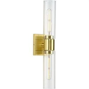 Clarion Collection Two-Light Satin Brass Clear and Glass Modern Style Bath Vanity Wall Light - 20.37 in x 4 in x 5 in