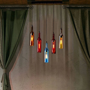 Colored Glass Beer Bottle Chandelier Island Light Pendant - 5-Heads - Rectangle Canopy