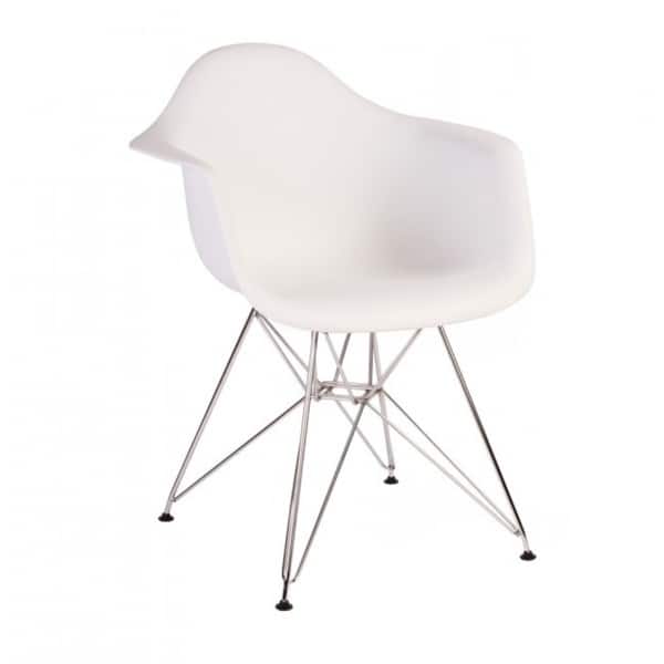 Contemporary Retro Molded Style White Accent Plastic Dining Armchair with Steel Eiffel Legs