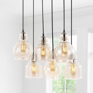 Cooper 18.88" 6-Light Bohemian Farmhouse Iron/Glass Cluster LED Pendant, Nickel/Champagne by JONATHAN Y