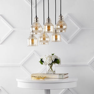 Cooper 18.88" 6-Light Bohemian Farmhouse Iron/Glass Cluster LED Pendant, Nickel/Champagne by JONATHAN Y