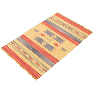 Flat-weave Bold and Colorful Ivory, Red Wool Kilim
