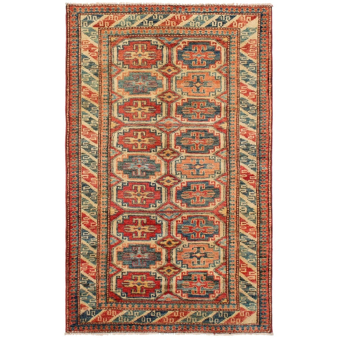 Hand-knotted Uzbek Ghazni Cream, Red Wool Soft Rug