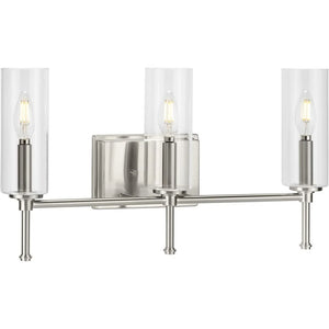 Elara Collection Three-Light Brushed Nickel Clear Glass New Traditional Bath Vanity Light - 22.125 in x 5.12 in x 11.5 in