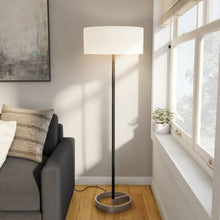 Estella Matte Black and Brass Floor Lamp with Linen Shade