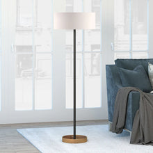 Estella Matte Black and Brass Floor Lamp with Linen Shade