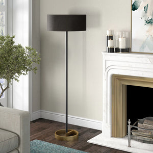 Estella Matte Black and Brass Floor Lamp with Linen Shade