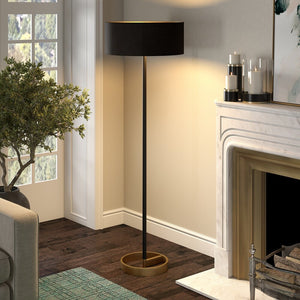 Estella Matte Black and Brass Floor Lamp with Linen Shade