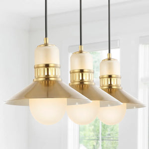 Eugenio 3-Light 35" Adjustable Iron/Glass Retro Hurricane Triple Linear LED Pendant, Brass Gold by JONATHAN Y