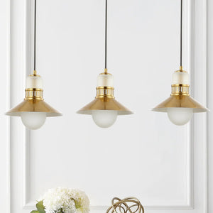 Eugenio 3-Light 35" Adjustable Iron/Glass Retro Hurricane Triple Linear LED Pendant, Brass Gold by JONATHAN Y