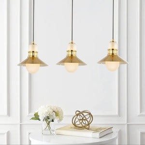 Eugenio 3-Light 35" Adjustable Iron/Glass Retro Hurricane Triple Linear LED Pendant, Brass Gold by JONATHAN Y