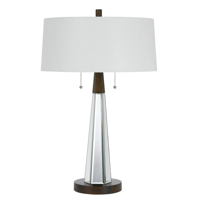 Fabric Shade Table Lamp with Faceted Mirror and Wooden Base, White - 28.5 H x 18 W x 18 L Inches