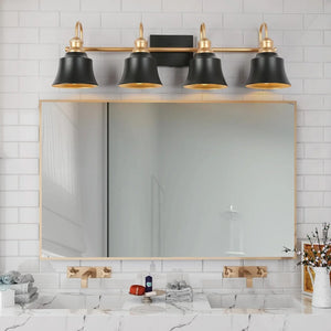 Farmhouse Rustic Black and Gold 4-light Bathroom Vanity Light with Bell Metal Shade - L 31" x W 7.5" x H 9"