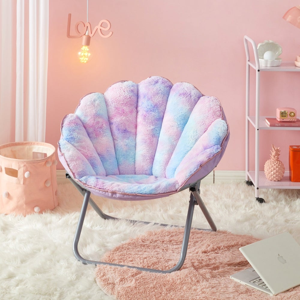 Faux Fur Scallop Folding Chair with Holographic Trim Purple Tie