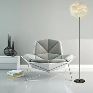 Modern Floor Lamp with White Feather Shade Chrome Metal Finish - L:15 in. x W:15 in. x H:69 in.