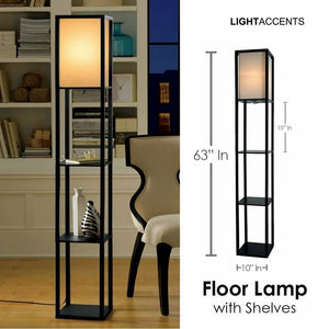 Floor Lamp with Shelves - Bedroom Light with Wooden Storage Shelves