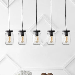 Gaines 33.25" 5-Light Farmhouse Industrial Iron Mason Jar Linear LED Pendant, Oil Rubbed Bronze/Clear by JONATHAN Y