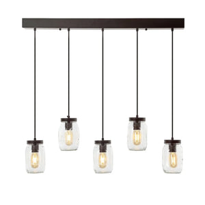 Gaines 33.25" 5-Light Farmhouse Industrial Iron Mason Jar Linear LED Pendant, Oil Rubbed Bronze/Clear by JONATHAN Y