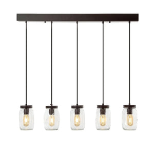 Gaines 33.25" 5-Light Farmhouse Industrial Iron Mason Jar Linear LED Pendant, Oil Rubbed Bronze/Clear by JONATHAN Y