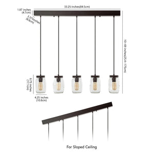 Gaines 33.25" 5-Light Farmhouse Industrial Iron Mason Jar Linear LED Pendant, Oil Rubbed Bronze/Clear by JONATHAN Y